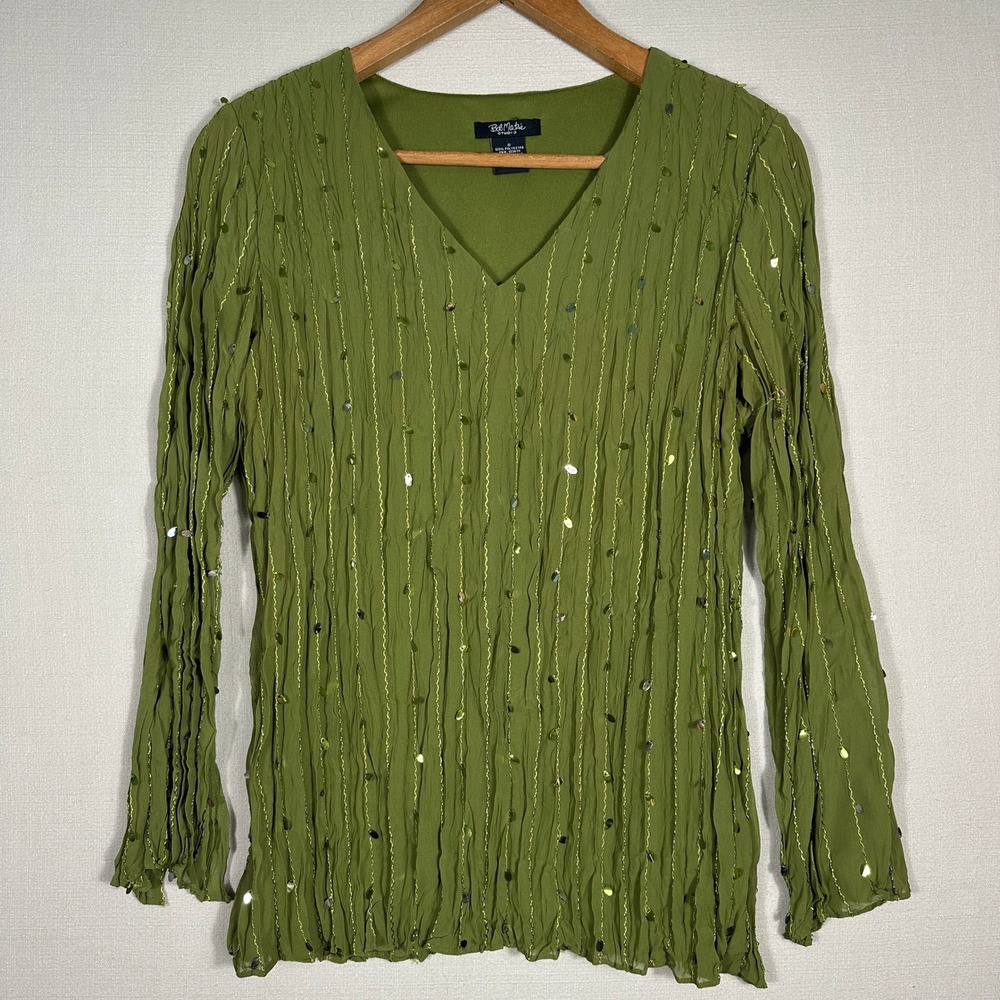 Bob Mackie Studio Blouse Womens S Green Excellent Sequin Crinkle V-Neck Top